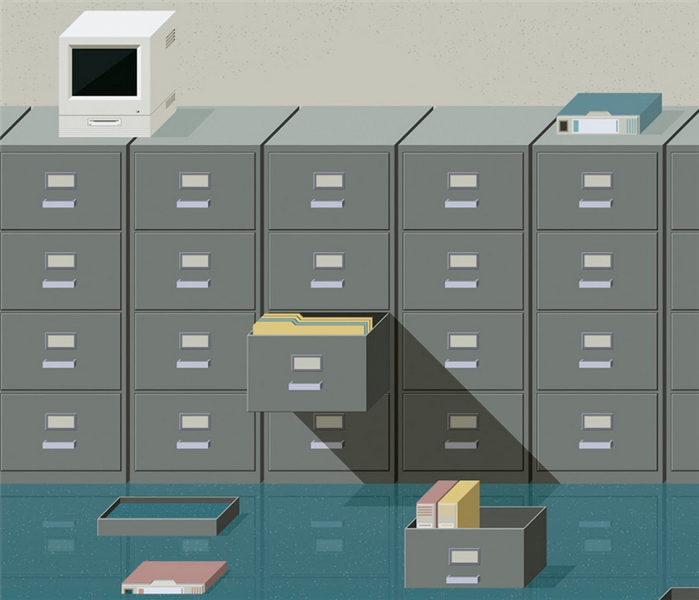 a flooded office with file cabinets floating around